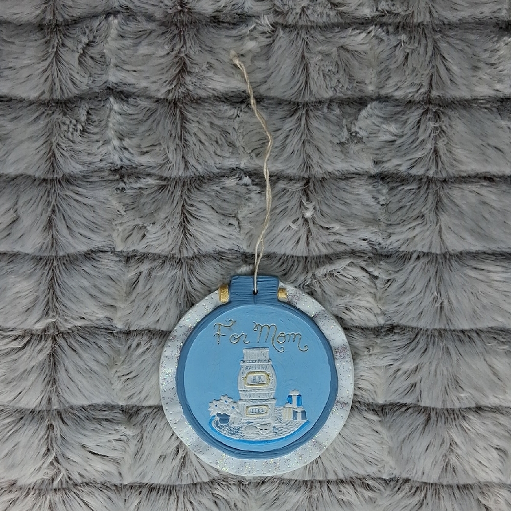 Vintage 1990 ''For Mom" Blue and White Hanging Ceramic Festive Holiday Ornament